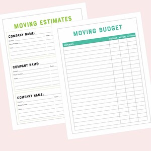 May include: A printable moving budget and moving estimates worksheet. The worksheet has sections for company name, contact, phone number, notes, dates, expenses, budget, actual, and difference.