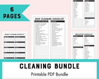May include: A printable cleaning checklist bundle with six pages. The bundle includes a weekly cleaning checklist, a deep cleaning checklist, and a declutter checklist. The checklists are organized by room, such as kitchen, bathroom, bedroom, and living room. The checklists are black and white and have a modern design.