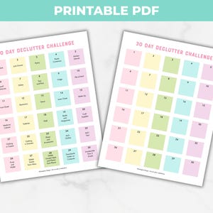 Utskrivbar 30-dagars utrensningsutmaning, bli organiserad, rensa på 30 dagar, pastellfärgad utrensningsspårare och checklista, utrensningsmall
