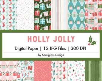 Jolly Holly Christmas Repeat Patterns, Digital Paper, Stockings and Presents Backgrounds