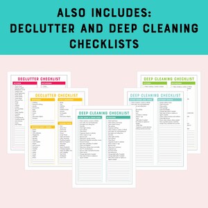 May include: A set of printable checklists for decluttering and deep cleaning different areas of a home, including the kitchen, bathrooms, bedrooms, living room, dining room, office, craft room, garage, shed, and outdoor spaces. The checklists are color-coded and organized by room or area.