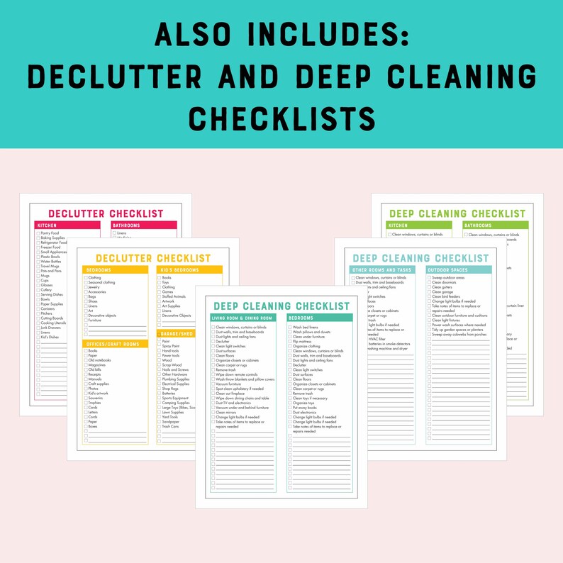 May include: A set of printable checklists for decluttering and deep cleaning different areas of a home, including the kitchen, bathrooms, bedrooms, living room, dining room, office, craft room, garage, shed, and outdoor spaces. The checklists are color-coded and organized by room or area.