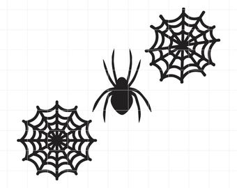 May include: A black digital graphic featuring a central spider silhouette flanked by two circular spider webs. The top text reads SVG • DXF • PNG • JPG. The design is set against a white grid background, presenting a clean, high-contrast vector style.