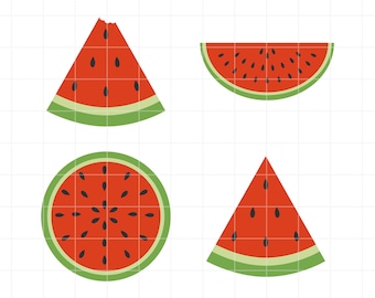 May include: A collection of watermelon slices in various shapes. The slices are red with black seeds and green rinds. The image also includes the text "SVG • DXF • PNG • JPG" in pink.