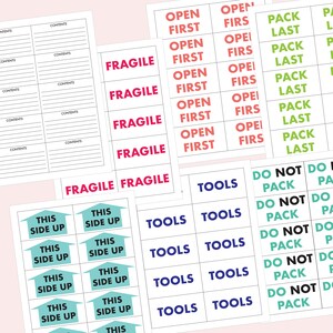 May include: A set of printable labels for packing boxes. The labels are in various colors and include the words "Fragile", "Tools", "Open First", "Pack Last", "This Side Up", and "Do Not Pack".