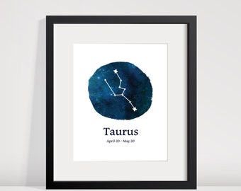 Taurus Zodiac Art, Constellation and Watercolor Galaxy, Printable Art, Digital Download