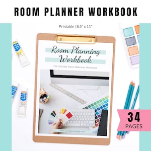 May include: A printable room planning workbook with a brown clipboard, a computer screen, a ruler, a color palette, a keyboard, and paint tubes. The workbook is titled "Room Planning Workbook" and says "The Ultimate Room Makeover Workbook". It also includes the website "www.semiglossdesign.com". The workbook is 8.5 inches by 11 inches and has 34 pages.