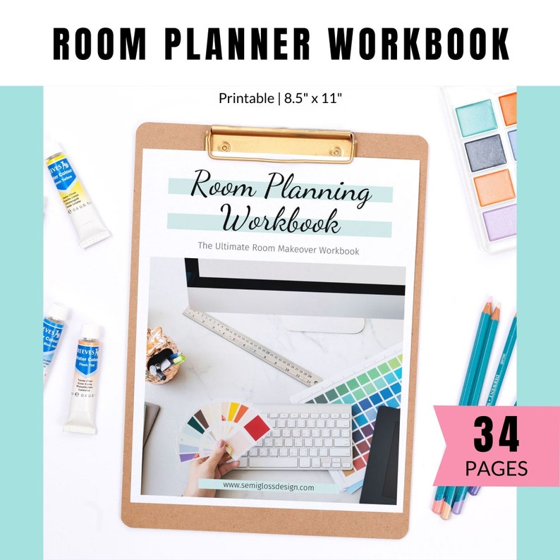 clipboard with room planning workbook on it.