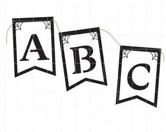 May include: A digital graphic featuring three white pennant flags with black borders and black letters A, B, and C. Each flag has a small black spiderweb design in the top corners. The flags are connected by a thin green line. Text reads SVG, DXF, PNG, JPG.