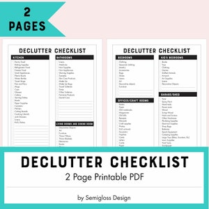 May include: A printable decluttering checklist for the home, organized by room. The checklist includes two pages, with the first page listing rooms like the kitchen, bathroom, bedroom, and living room. The second page lists rooms like the kids' bedroom, office, and garage.
