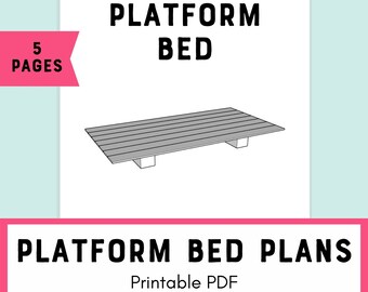 Puede incluir: Un dibujo en blanco y negro de una estructura de cama plataforma. El dibujo muestra un marco rectangular simple con listones y cuatro patas. El texto "PLATFORM BED" está encima del dibujo y "5 PAGES" está en una pancarta rosa a la izquierda. El texto "PLATFORM BED PLANS" está debajo del dibujo en una pancarta rosa. El texto "Printable PDF by Semigloss Design" está debajo del texto de los planos.