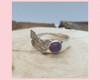 Anneau d’améthyste, anneau argenté, anneau avec le papillon, argent sterling, inspiré par la nature, anneau pourpre, anneau de gemme, cadeau pour la petite amie