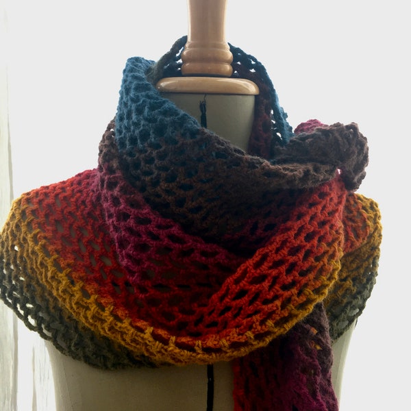 Châle Chèche Étole au crochet fait main arc-en-ciel bleu rose orange jaune vert multicolore