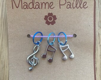 Set of 3 knitting stitch markers musical notes and treble clef