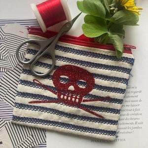 Small Stitch Or Die sailor-style pouch Homage embroidery and flocking on linen