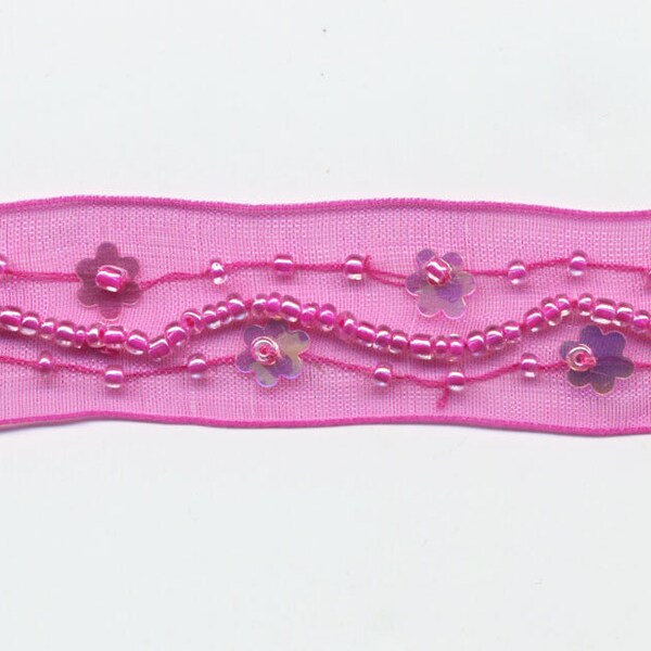 Galon organza fuchsia, ruban rose brodé de perles et de sequins, largeur 20 mm - au mètre