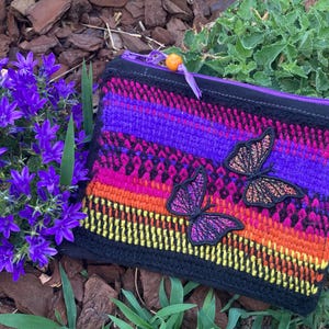 Handmade upcycling flat accessory pouch - Tunisian crochet and butterflies