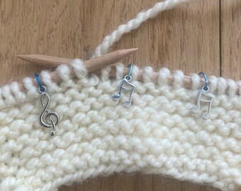 Set of 3 knitting stitch markers musical notes and treble clef