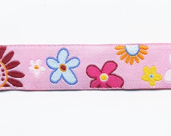 Pink ribbon flowers, width 16 mm, woven jacquard stripe - by the meter