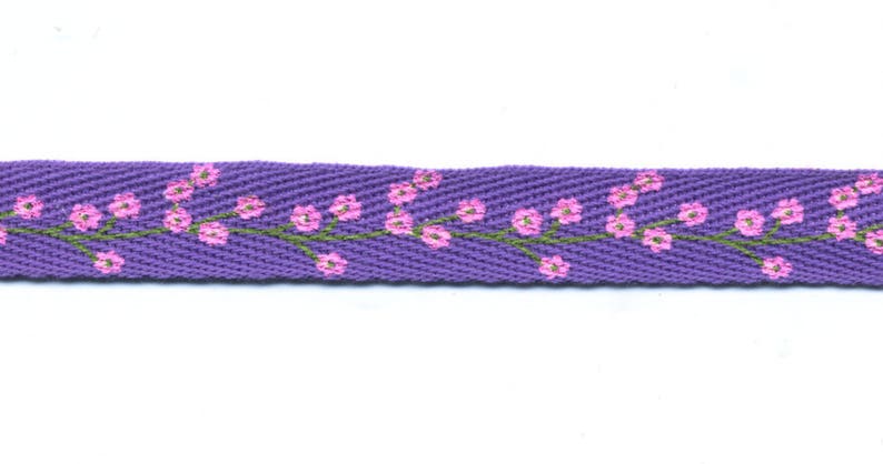 width 13 mm Purple Mauve Serg\u00e9 ribbon with pink flowers C90 by 3 meters