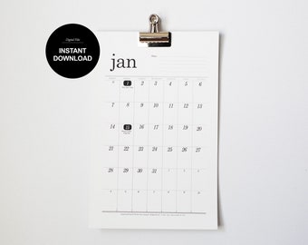 2024 Simple PRINTABLE WALL Calendar, Large Dates Calendar, Hanging Calendar, Minimal Wall Calendar, 11x17 and Printable, Household Planner