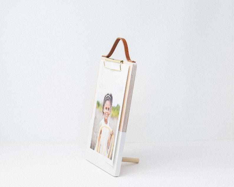 Dipped Hand Painted Memo-Board With Leather Strap, Photo Clipboard, Menu Clipboard, Clipboard FRAME, Standalone WHITE