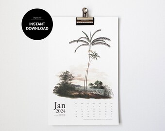 Large 2024 Printable Vintage Palm Calendar, 11x17 Calendar, Wall Calendar, Calendar Printable, 12 Month Calendar, Digital Download