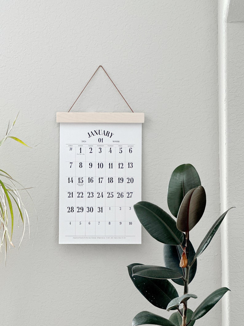 2024 WALL Calendar, Simple Wall Calendar, Hanging Calendar, Large Dates, Minimal Wall Calendar, 11x17 Calendar, Baltic Birch Hanger CALENDAR W/ HANGER