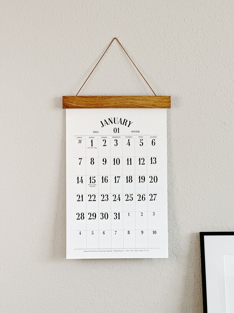 2024 WALL Calendar, Simple Wall Calendar, Hanging Calendar, Large Dates, Minimal Wall Calendar, 11x17 Calendar, Baltic Birch Hanger image 7