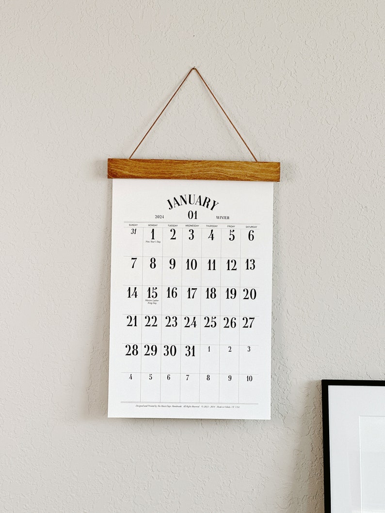 2024 WALL Calendar, Simple Wall Calendar, Hanging Calendar, Large Dates, Minimal Wall Calendar, 11x17 Calendar, Baltic Birch Hanger image 3