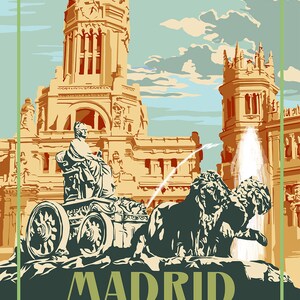 May include: A vintage travel poster featuring a colorful illustration of the Cibeles Fountain in Madrid, Spain. The fountain features two lions pulling a chariot with a statue of the goddess Cybele. The poster has the text "MADRID" and "SPAIN" in a green banner at the bottom.