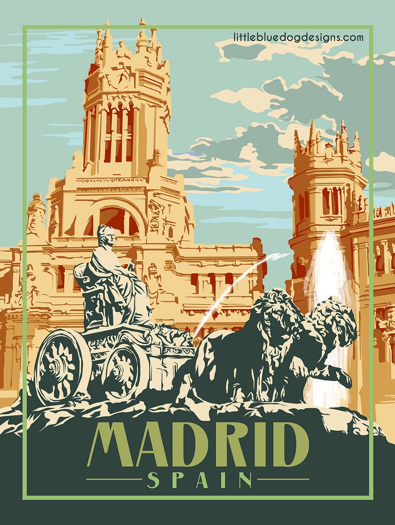 May include: A vintage travel poster featuring a colorful illustration of the Cibeles Fountain in Madrid, Spain. The fountain features two lions pulling a chariot with a statue of the goddess Cybele. The poster has the text "MADRID" and "SPAIN" in a green banner at the bottom.