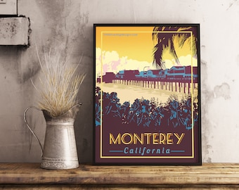 May include: A vintage-style poster with a yellow, orange, and blue colour scheme depicting a pier with buildings in Monterey, California. The text "Monterey - California" is at the bottom of the poster.