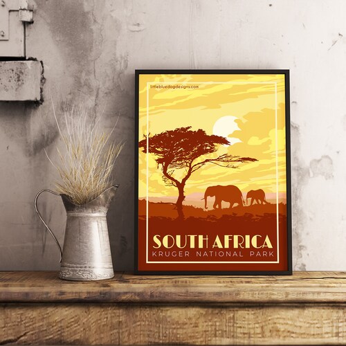 South Africa Poster Vintage Elephant Travel Print Etsy