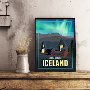 Aurora boreale islandese (aurora boreale) - poster di viaggio vintage