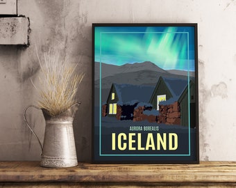 May include: A retro travel poster featuring a dark blue background with a yellow text overlay that reads "ICELAND" and "AURORA BOREALIS". The poster depicts a green and white aurora borealis in the sky above a small, snow-covered cottage with a stone wall in front.