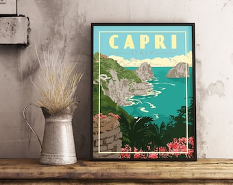 May include: A vintage travel poster with a black frame featuring a scenic view of Capri, Italy. The poster has a blue and green color scheme with the text "CAPRI - ITALY" in yellow.