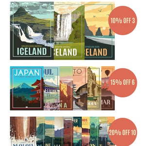 May include: A collage of vintage travel posters featuring scenic landscapes and landmarks from around the world. The posters are arranged in three rows, with the top row featuring Iceland, the middle row featuring Japan, South Korea, and Thailand, and the bottom row featuring various national parks in the United States. The posters are all in a retro style, with bold colors and simple designs. The text on the posters includes the names of the locations, as well as slogans such as "Land of the Rising Sun" and "Sequoia National Park".