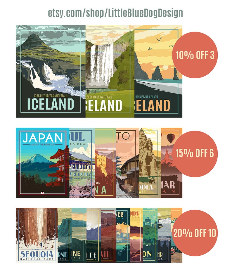 May include: A collage of vintage travel posters featuring scenic landscapes and landmarks from around the world. The posters are arranged in three rows, with the top row featuring Iceland, the middle row featuring Japan, South Korea, and Thailand, and the bottom row featuring various national parks in the United States. The posters are all in a retro style, with bold colors and simple designs. The text on the posters includes the names of the locations, as well as slogans such as "Land of the Rising Sun" and "Sequoia National Park".