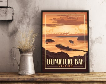 May include: A vintage-style travel poster with a sunset scene of Departure Bay, Nanaimo. The poster features a boat on the water with mountains in the background. The text "Departure Bay - Nanaimo" is printed in a retro font.