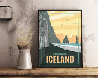 Iceland Reynisfjara Beach - Vintage Travel Poster