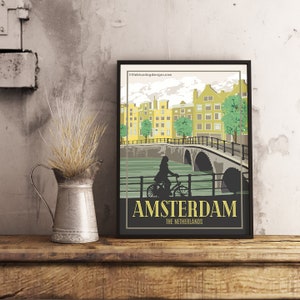 Amsterdam Pays-Bas - Affiche de voyage vintage