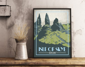 Może przedstawiać: Oprawiony wydruk artystyczny przedstawiający wyspę Skye w Szkocji. Grafika przedstawia ciemnozielone formacje skalne na jasnym zielono-beżowym tle z napisem "Isle of Skye - Scotland".