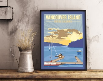 May include: A vintage-style travel poster featuring a scenic view of Vancouver Island, British Columbia. The poster depicts a blue body of water with a small island in the distance, a red sailboat, and two wooden docks. The sky is a vibrant blue with a yellow and orange sunset.