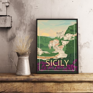 Village de Savoca en Sicile - Poster de voyage vintage