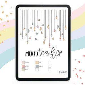 May include: A digital mood tracker with a lightbulb design. The tracker has a color key with five different colors: light pink, light brown, light gray, light blue, and white. The text "MOOD tracker" is written in black cursive. The text "@LINDERS.PNG" is written in black at the bottom right corner.