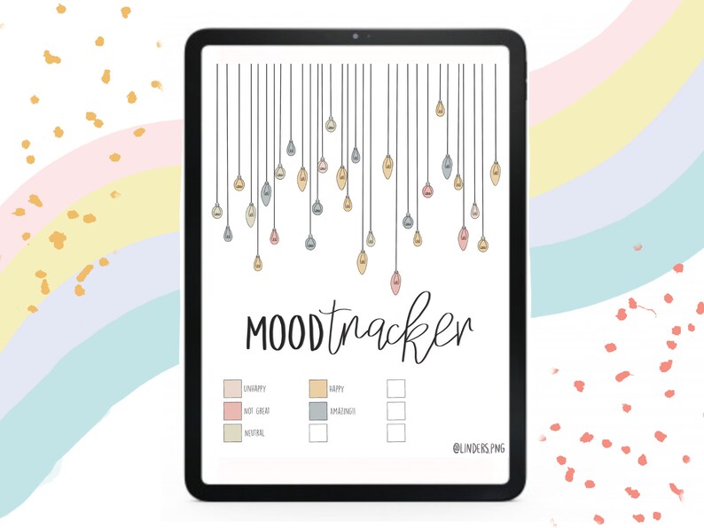 May include: A digital mood tracker with a lightbulb design. The tracker has a color key with five different colors: light pink, light brown, light gray, light blue, and white. The text "MOOD tracker" is written in black cursive. The text "@LINDERS.PNG" is written in black at the bottom right corner.