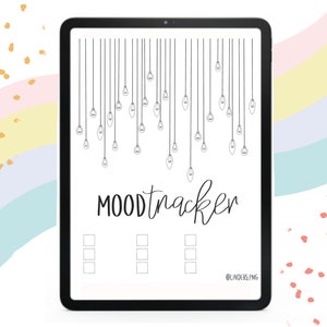 May include: A digital mood tracker with a black and white illustration of light bulbs hanging from the ceiling. The text "MOOD tracker" is written in black cursive font. There are three columns of blank boxes for tracking moods.