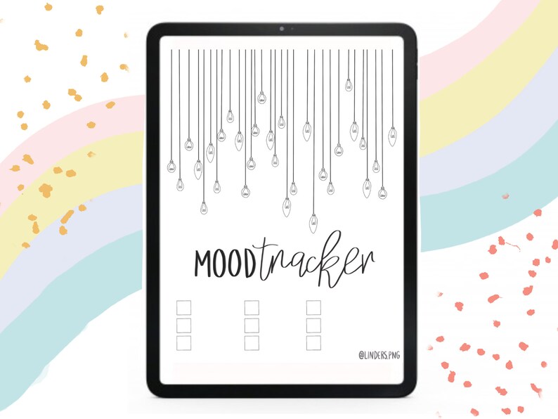 May include: A digital mood tracker with a black and white illustration of light bulbs hanging from the ceiling. The text "MOOD tracker" is written in black cursive font. There are three columns of blank boxes for tracking moods.