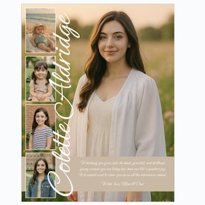 May include: A graduation announcement featuring a young woman in a white gown, with three smaller photos of her at different ages. The text "Colette Aldridge" is written vertically. A message from her parents is included.